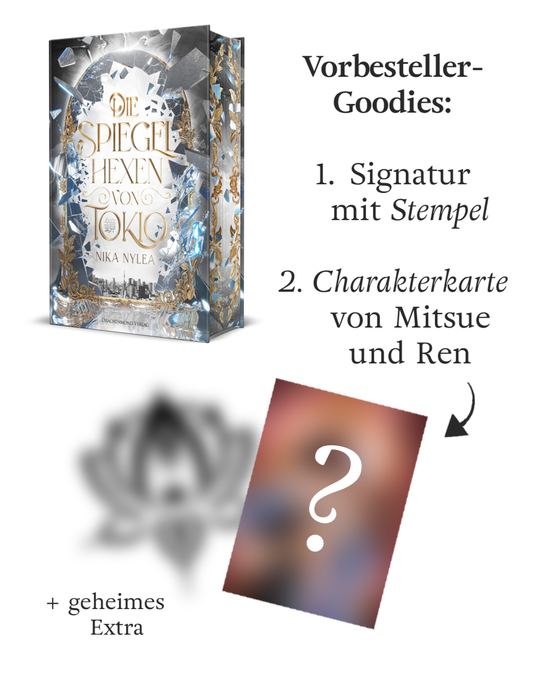 Alle Vorbesteller-Goodies zu Nika Nylea's "Die Spiegelhexen von Tokio", die es bei einer Vorbestellung beim Drachenmond Verlag dazu gibt.